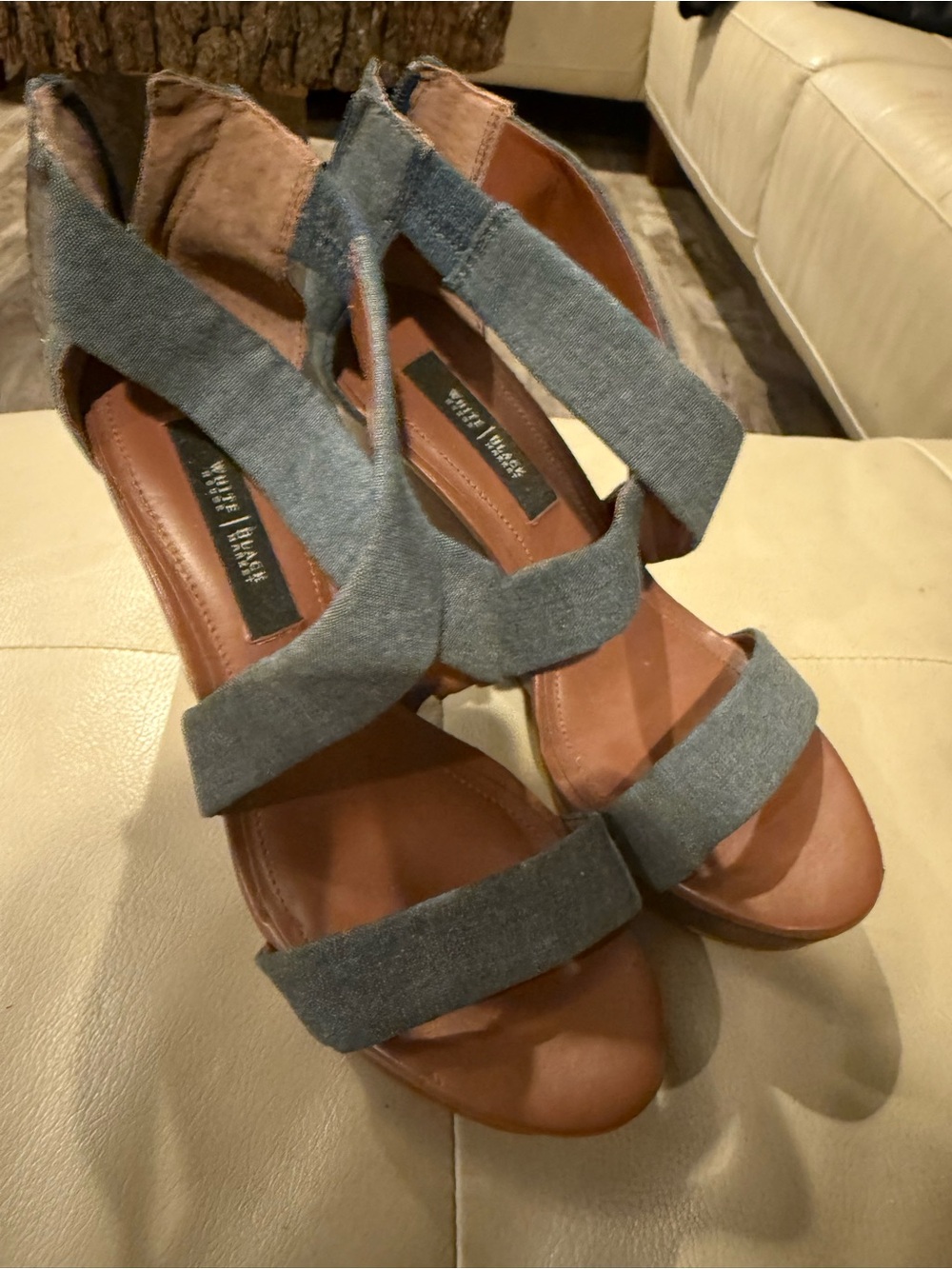 White House Black Market Gray Denim Strappy Wedge Sandals